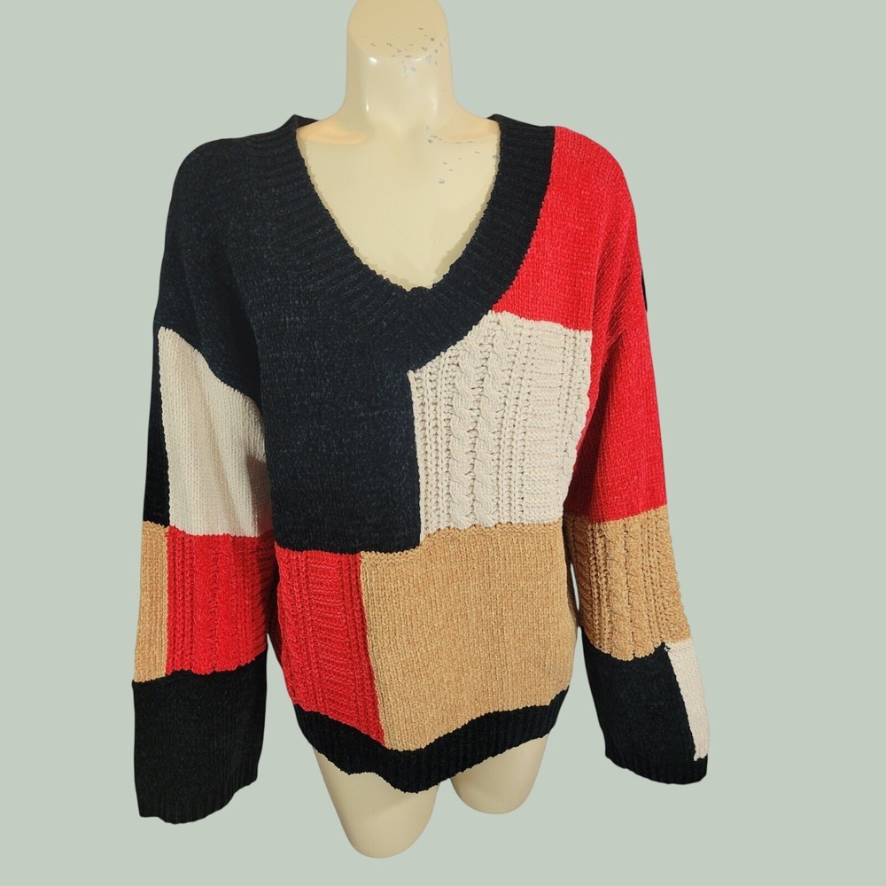 POL Patchwork Chenille Sweater Colorblock Oversized Boho Knit Multi Large